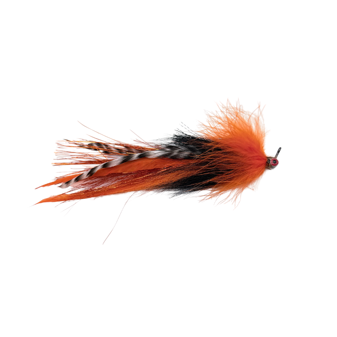 Single River Pig Urban Fly Co. fishing lure with orange, black, and brown feathers, designed for fly fishing targeting musky and other large freshwater fish.