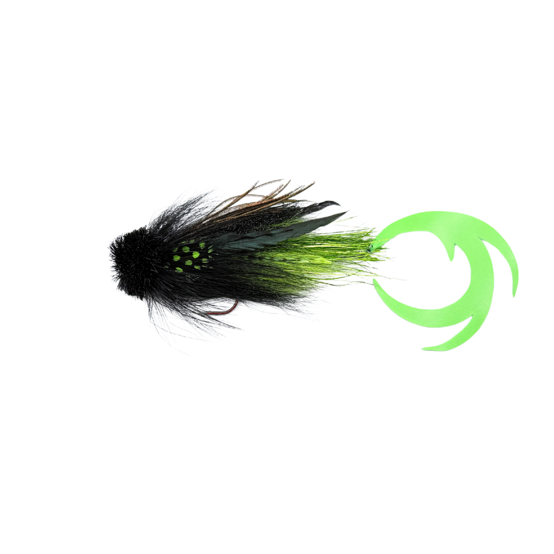 Single Buford Dragon Tail Urban Fly Co. fishing lure featuring black and green feathers with a bright green, flexible, dragon tail-style plastic appendage designed for musky fishing tackle.