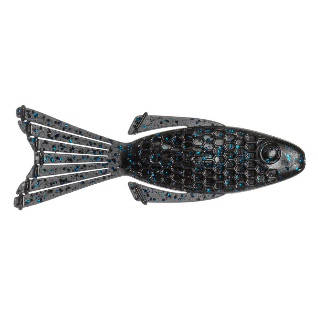 Netbaits Hextek 4" Bull Bream soft plastic fishing lure with black and blue fleck finish ribbed body and split paddle tail for musky fishing tackle