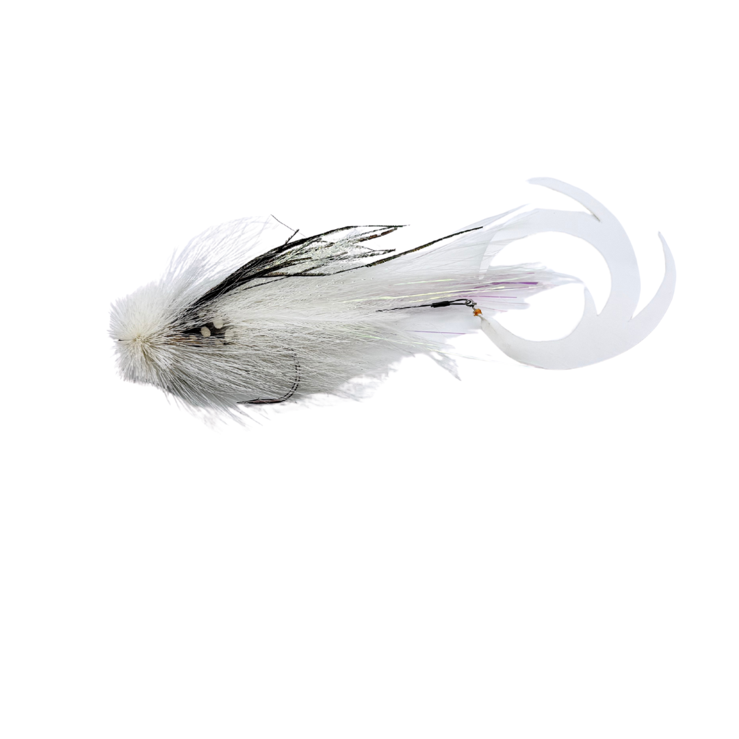 Single Buford Dragon Tail Urban Fly Co. fishing lure featuring white and black feathers with a curled white tail designed for fly fishing and musky tackle.