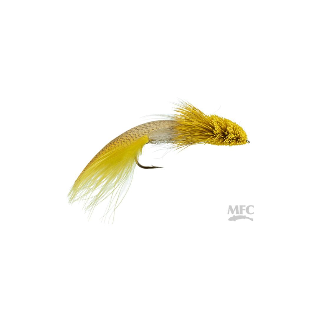 Galloup's Zoo Cougar #4 fly fishing lure with yellow and brown feather materials designed for musky fishing, featuring a sharp hook and a textured body for realistic movement.