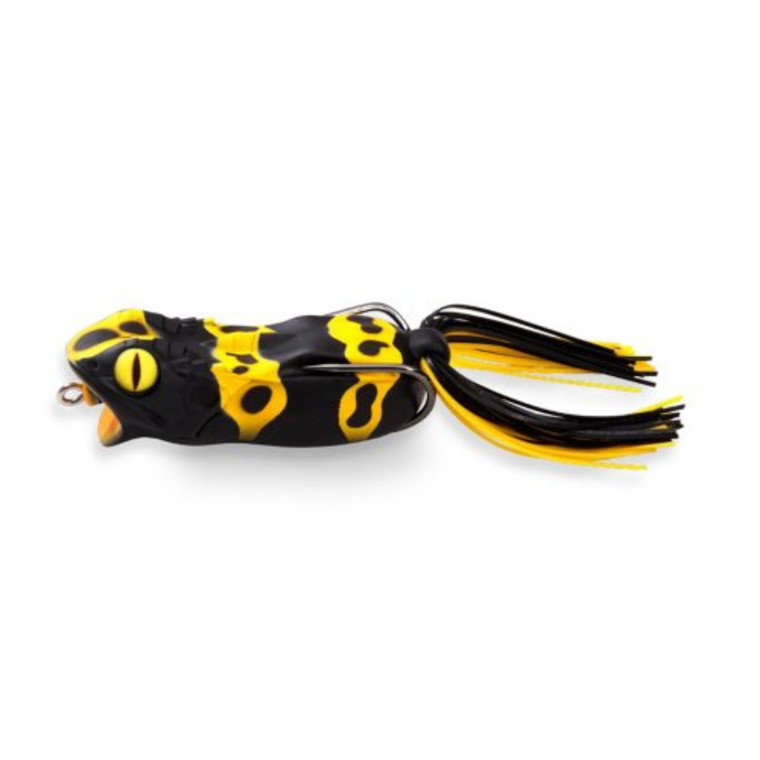 Megabass Gabarin Jr. black and yellow topwater fishing lure with frog-like body and trailing rubber skirt strands for musky fishing tackle