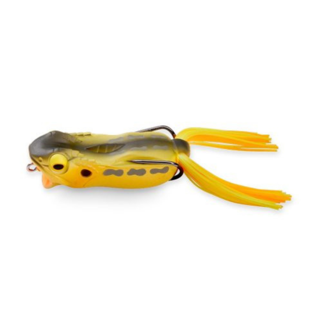 Megabass Gabarin Jr. yellow and gray frog fishing lure with rubber skirt and weedless hook