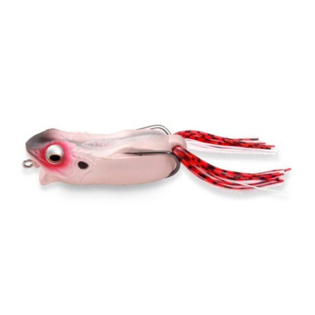 Megabass Gabarin Jr. pink fishing lure with red and black rubber skirt details and a large eye for musky fishing tackle