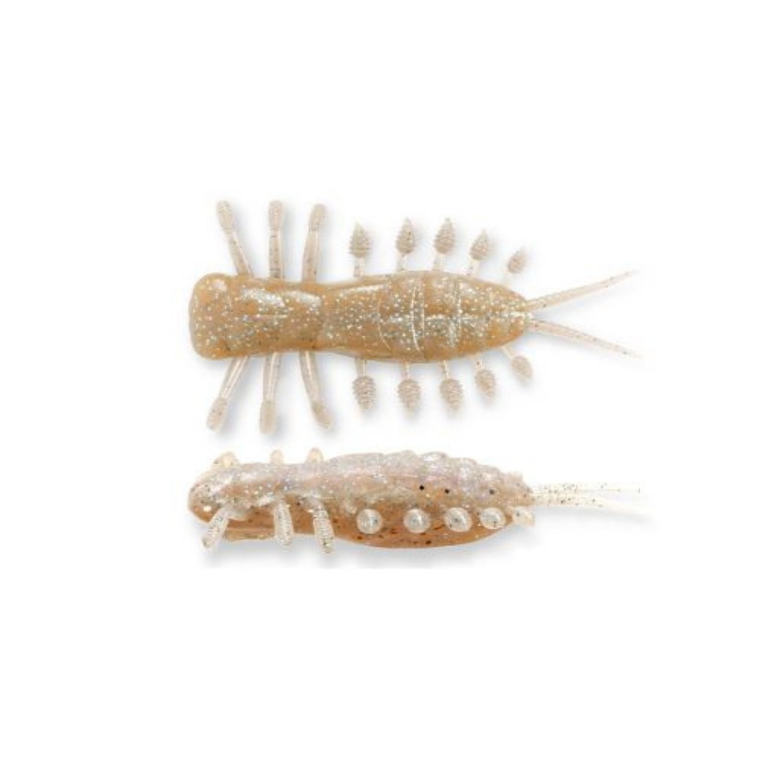 Megabass Yagot soft fishing lure in a natural translucent brown color with ribbed body multiple legs and trailing appendages