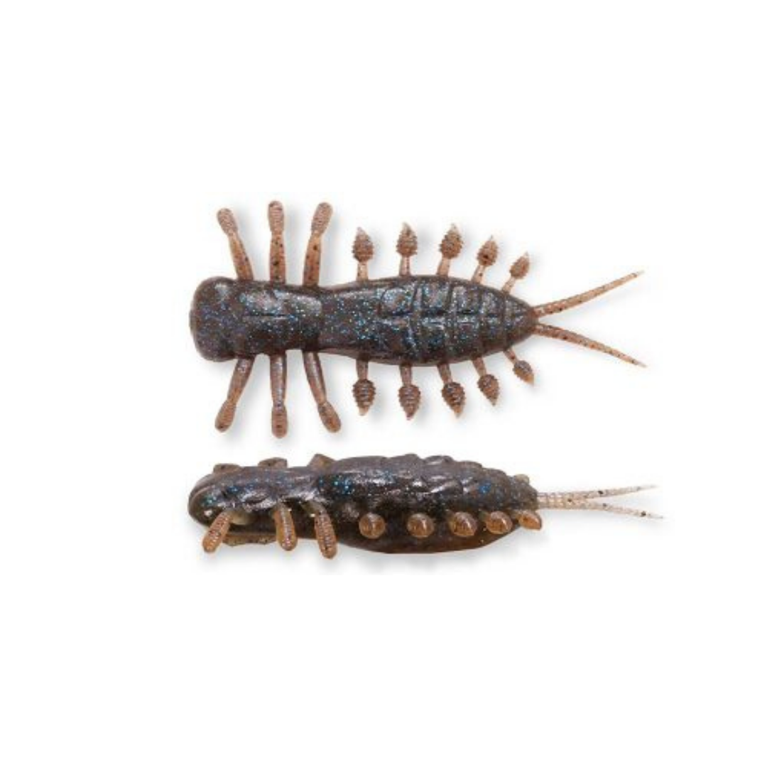 Megabass Yagot fishing lure shown from top and side with a dark glitter body segmented legs and trailing antennae for fishing tackle display
