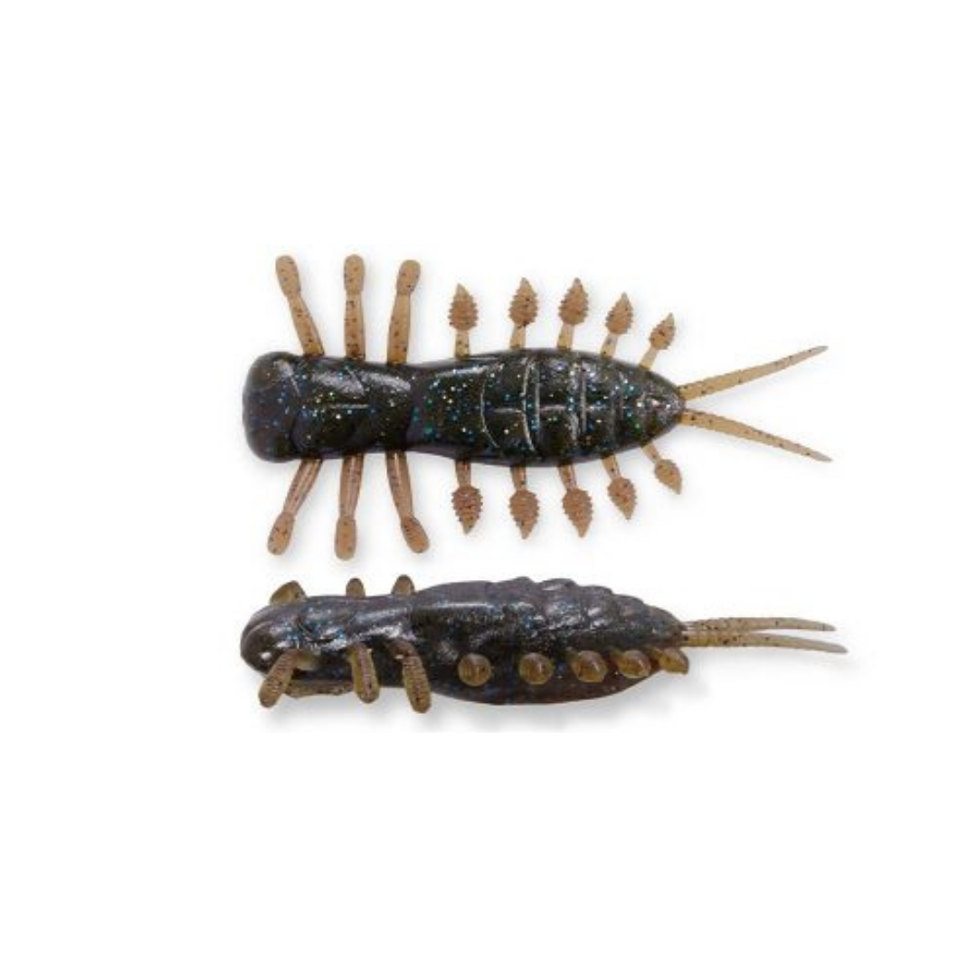 Megabass Yagot soft fishing lure in black and blue glitter with a ribbed body multiple appendages and twin tails shown from top and side views