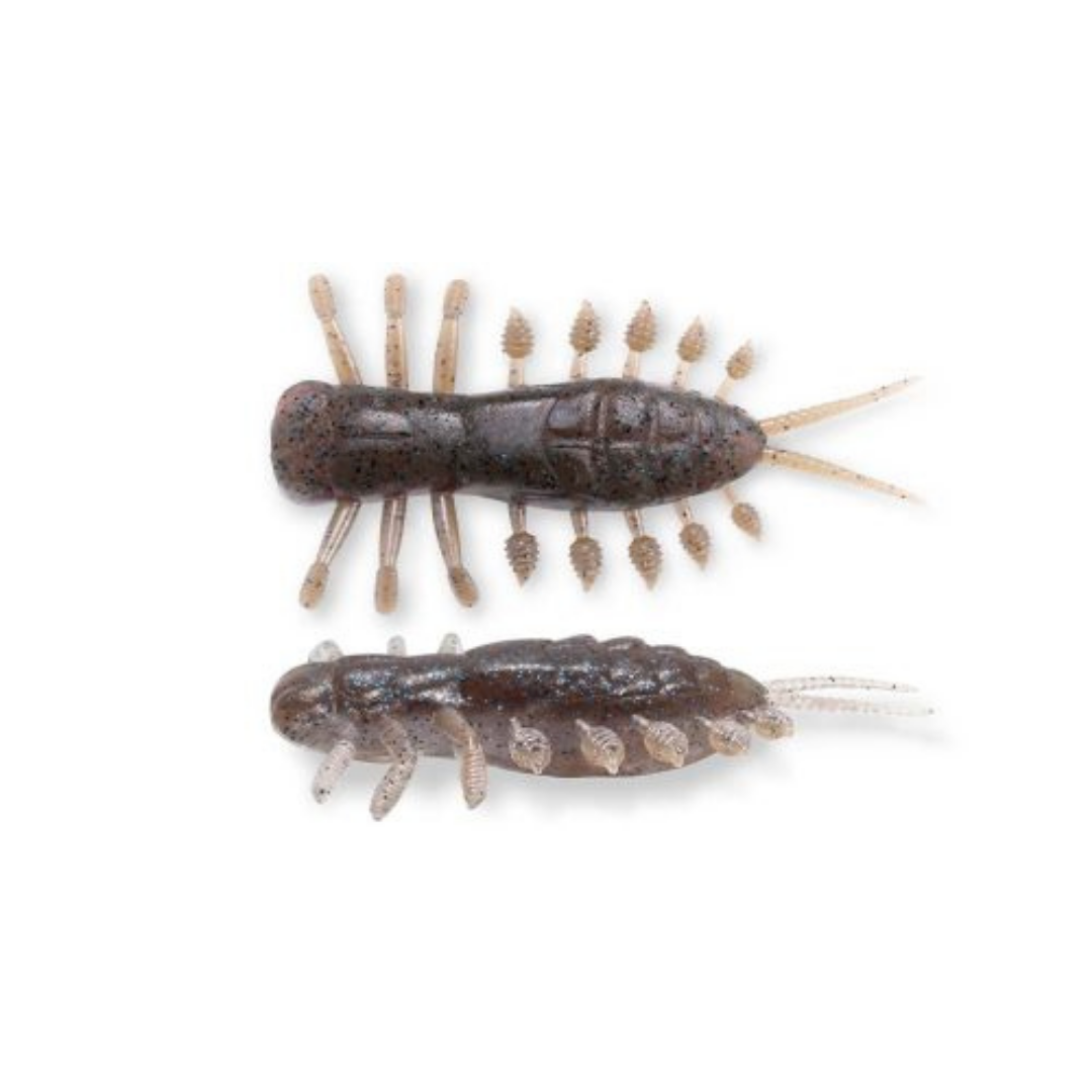 Megabass Yagot soft fishing lure shown from top and side with a dark brown textured body multiple appendages and trailing antennae