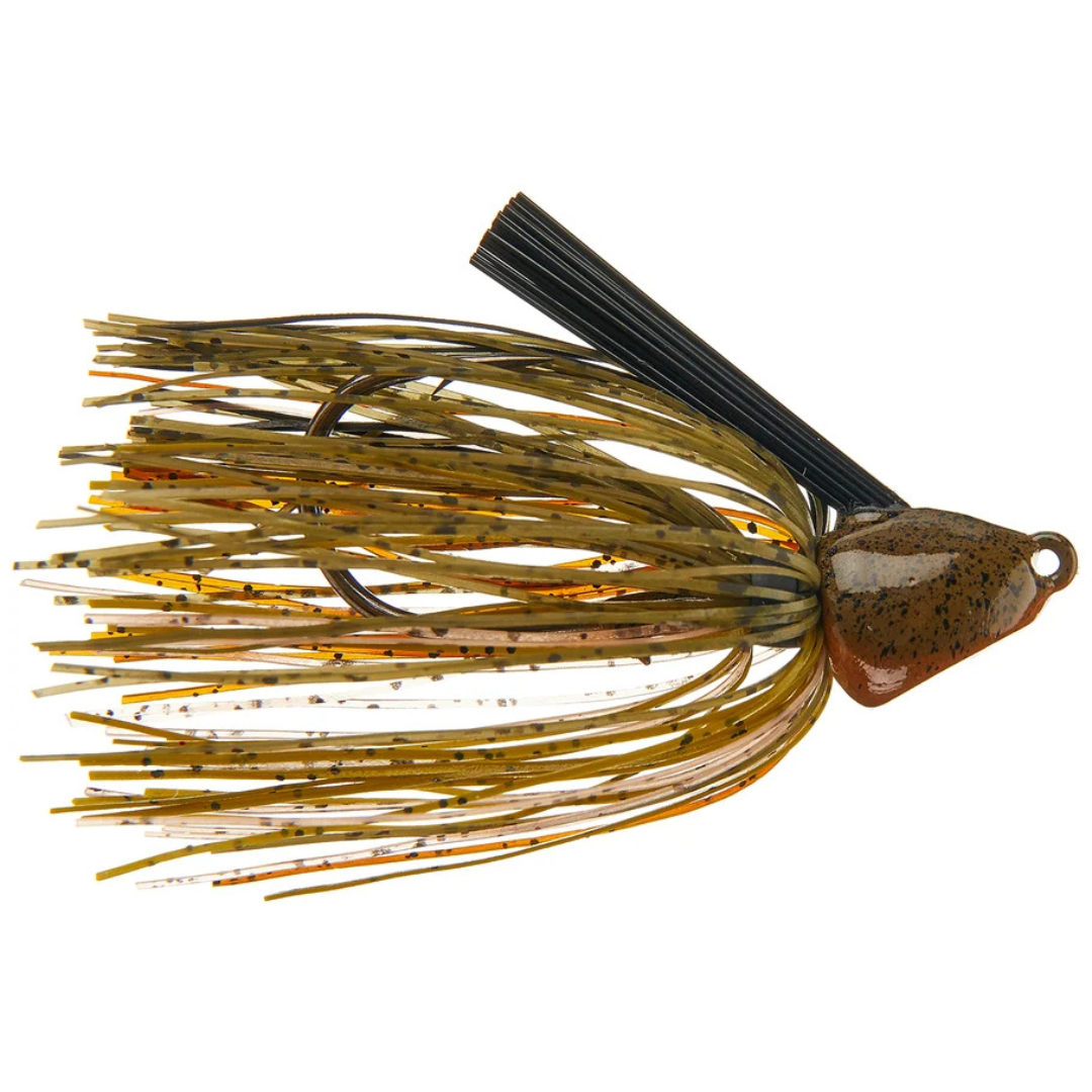 Dirty Jigs No-Jack Punchin' Jig featuring a detailed camo-colored head with an array of flexible brown, green, and orange skirt strands and a weed guard for effective fishing tackle use.