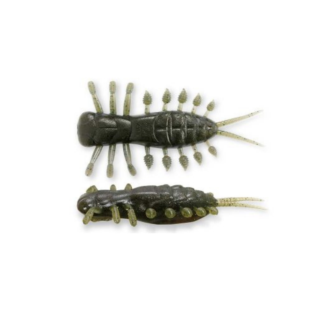 Megabass Yagot soft fishing lure with a dark textured body and multiple legs and antennae shown from top and side views for fishing tackle applications