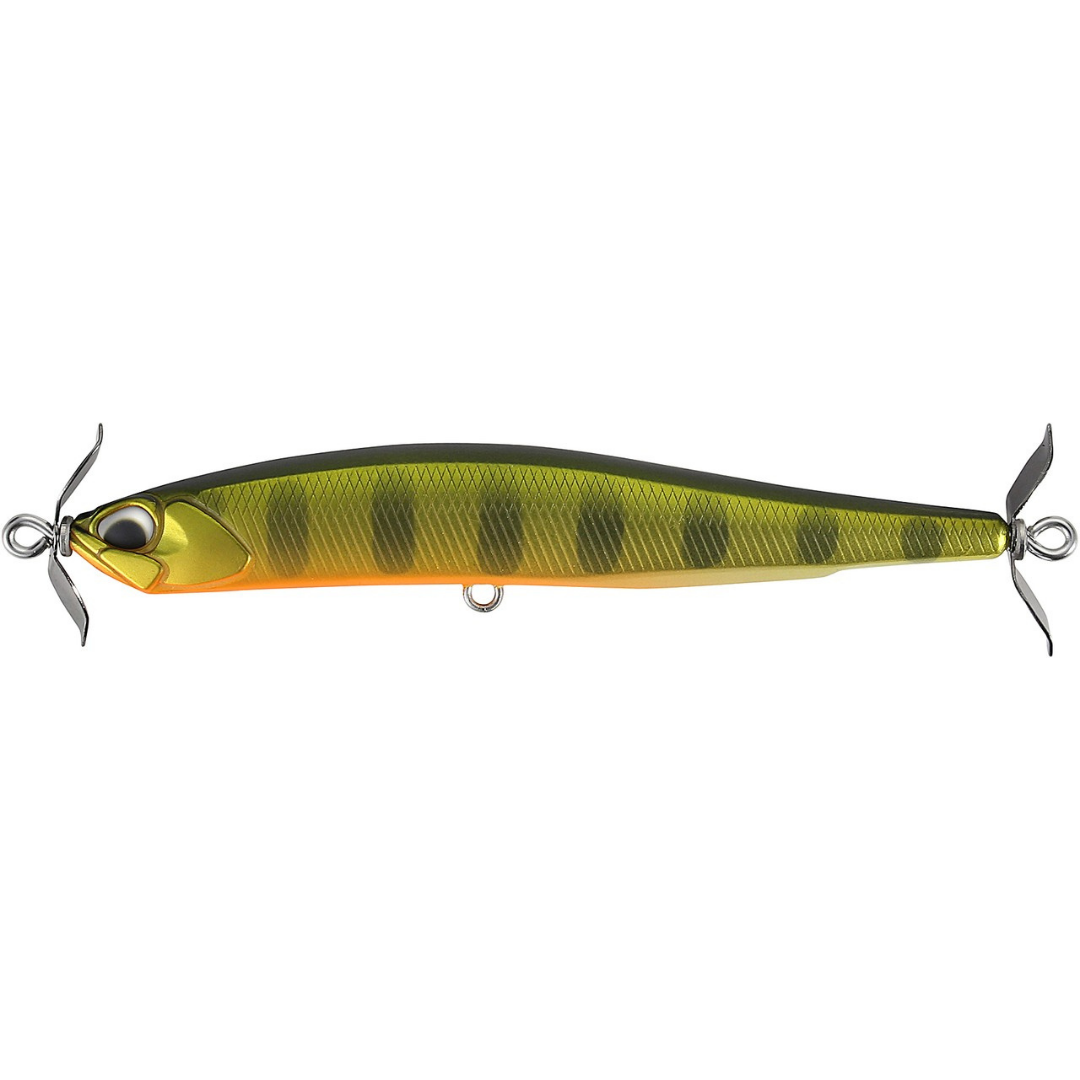 Duo Realis SpinBait 80 olive green and gold fishing lure with orange belly and front and rear propellers for musky fishing tackle