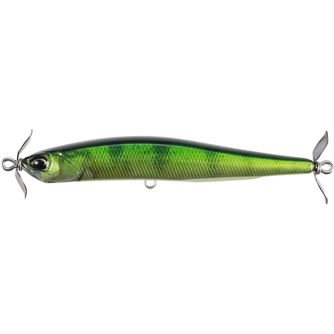 Duo Realis SpinBait 80 green and silver fishing lure with reflective scale pattern and twin propeller blades for freshwater fishing tackle