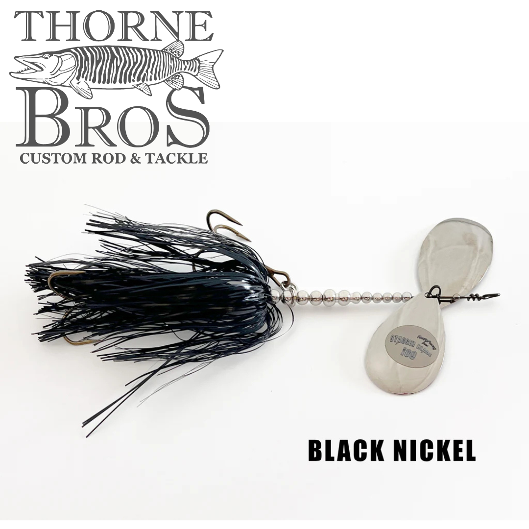 Musky Frenzy Apache Stag IC9 fishing lure with black nickel blades and black skirt, designed for musky fishing and effective in attracting large game fish.