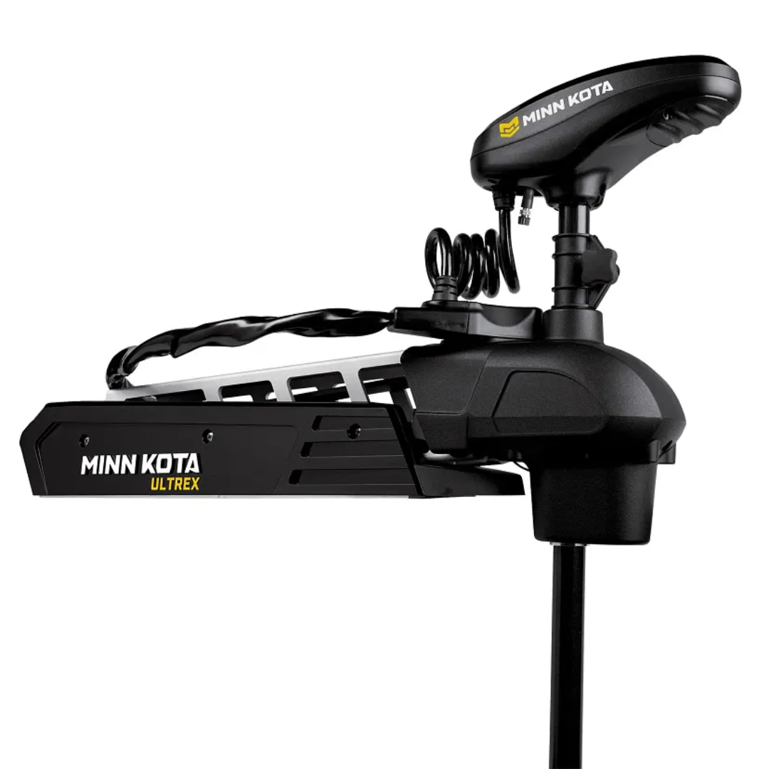 Minn Kota Ultrex 80/52" trolling motor in black with integrated mounting bracket and coiled power cable, designed for marine electronics and fishing tackle use.