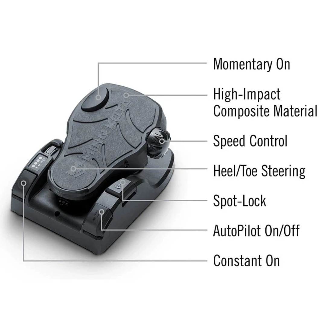 Minn Kota Ultrex 80/52" trolling motor foot pedal in black high-impact composite material with labeled controls for momentary on, speed control, heel/toe steering, spot-lock, autopilot on/off, and constant on functions.