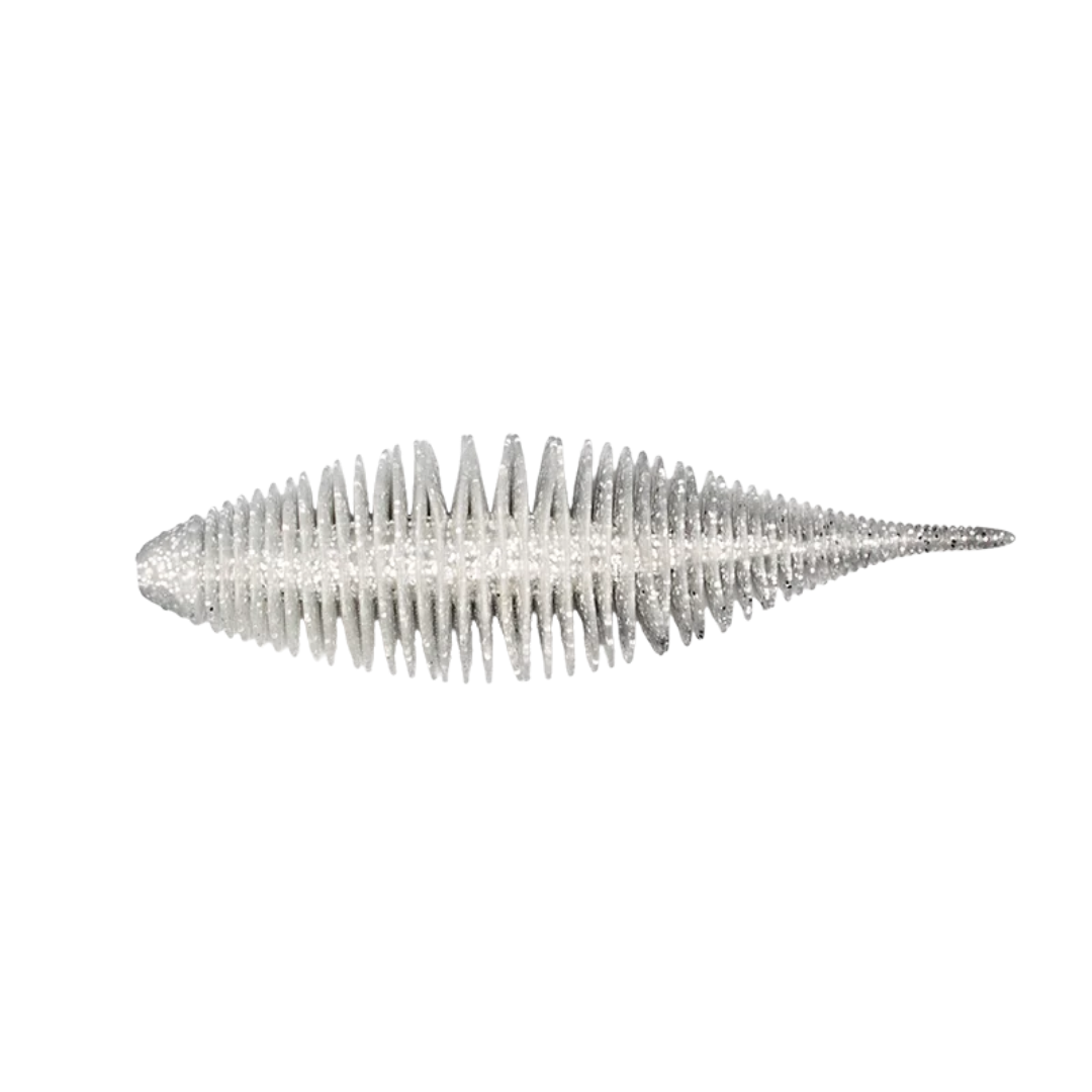 GeeCrack Bellows Shad ribbed soft plastic fishing lure with a translucent silver finish and shad profile for musky fishing tackle