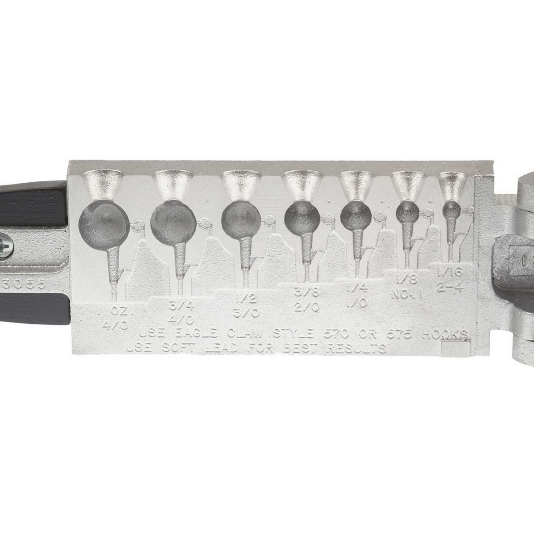 Do-it Molds Football Jig Mold showing multiple cavity sizes for shaping fishing jigs, made of metal with detailed sizing and usage instructions embossed for fishing tackle customization.