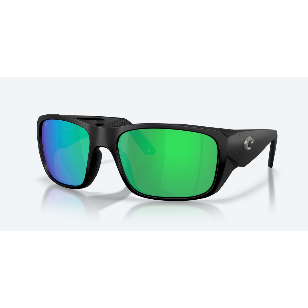 Costa Del Mar - Crudo sunglasses with black frames and reflective green and blue lenses shown from the front for fishing and outdoor wear