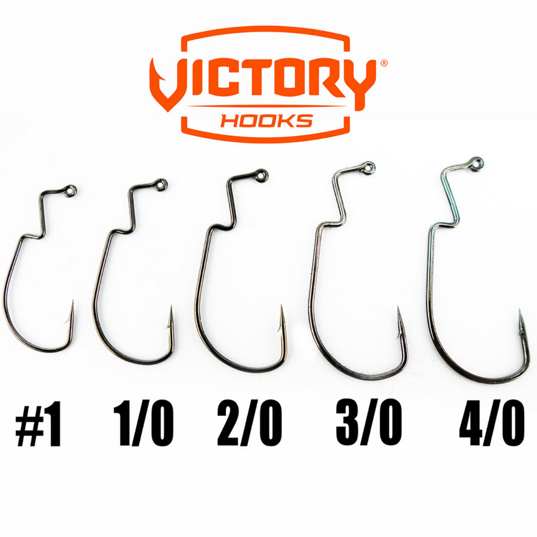 Do-it Molds Victory Extra Wide Gap EWG Hooks (For Do-it Molds) displayed in five sizes from #1 to 4/0, showing sharp barbed fishing tackle hooks for musky and ice fishing rigs.