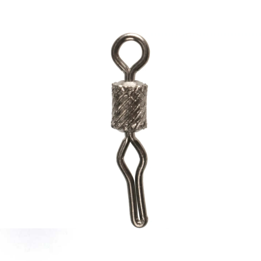 Single silver metal swivel with textured barrel and looped ends, part of Do-it Molds Line Grip Swivels #7 (25 Pack) for fishing tackle and rigging applications.