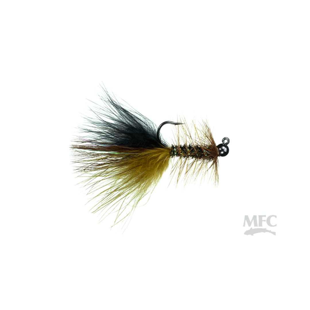 Jig Thin Mint fishing lure featuring a detailed feather and fur design with a black and brown color scheme, ideal for musky fishing tackle enthusiasts.