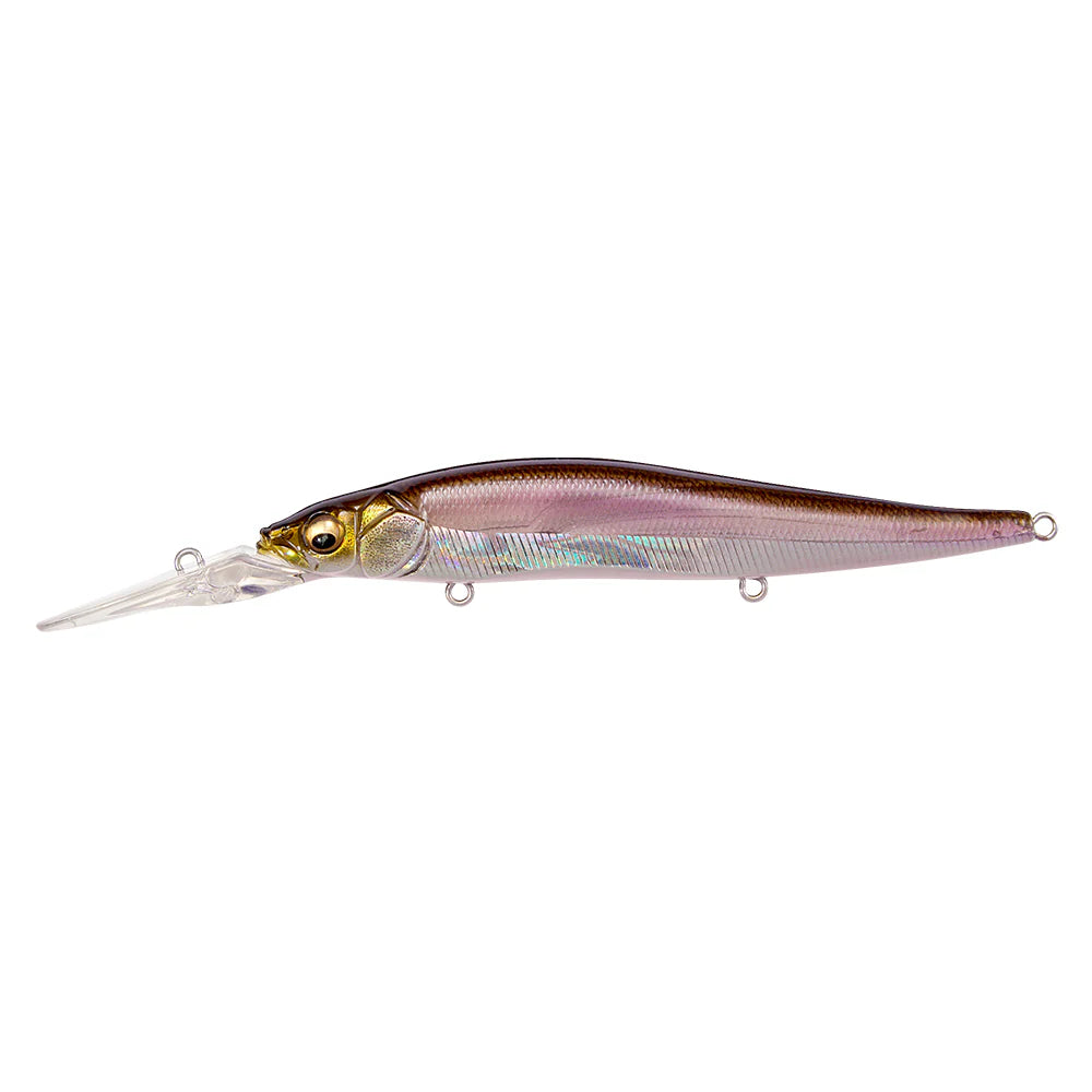 Megabass Vision 110+2 fishing lure with a realistic fish design featuring a long clear lip, iridescent purple and gold body, and multiple attachment points for fishing tackle.