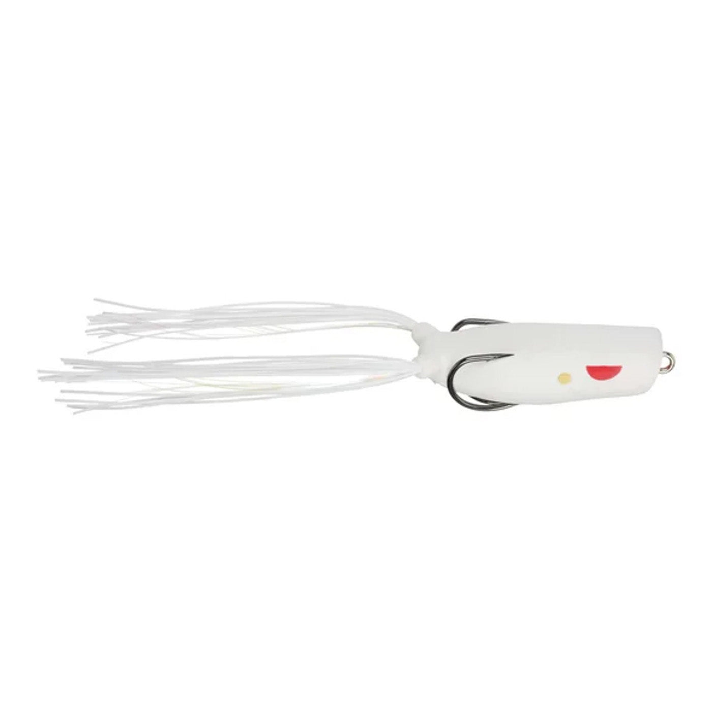 Gambler Lures Popping Frog fishing lure in white with a rounded body, two black treble hooks, and multiple flexible white skirt strands for realistic movement in water.