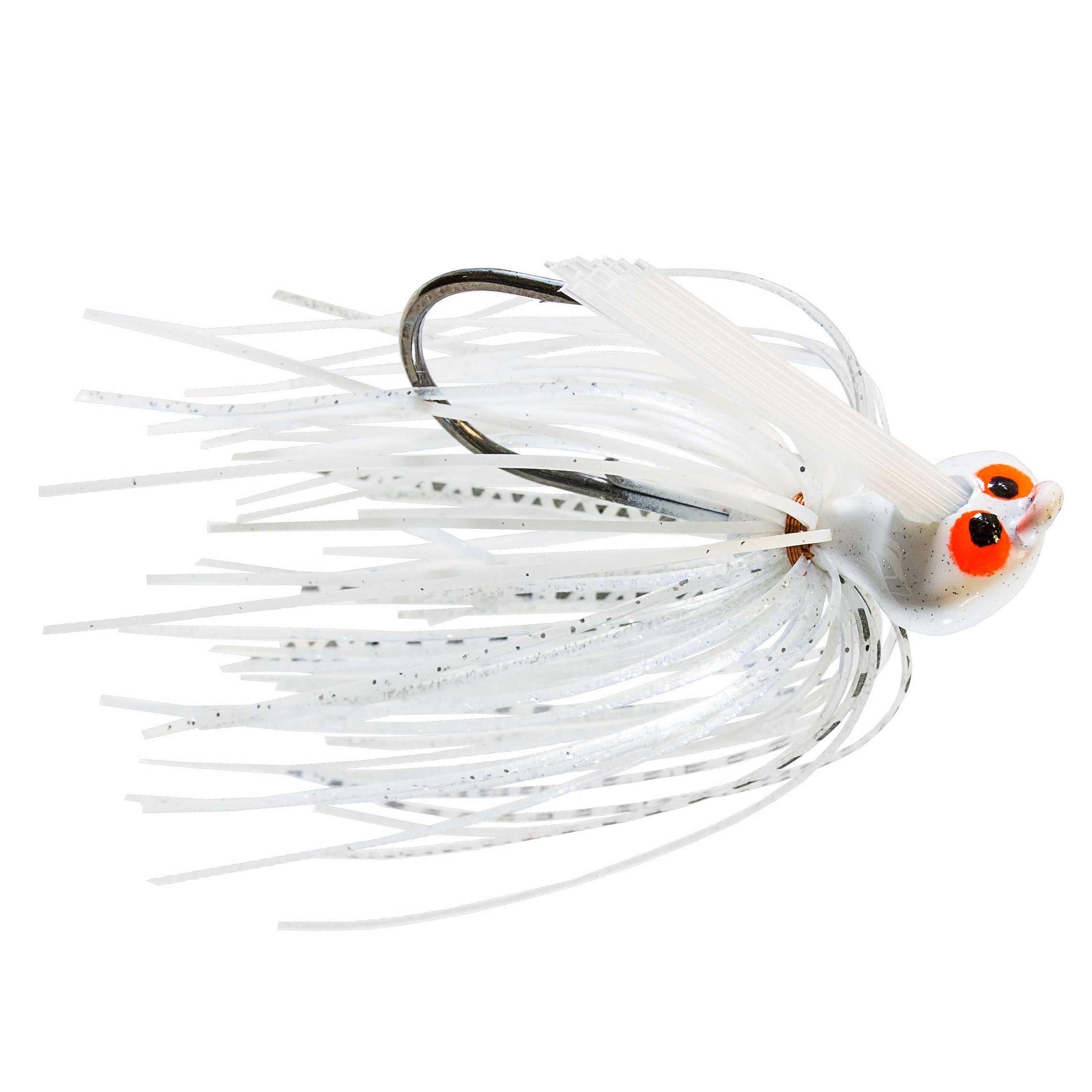 Z-Man CrossEyeZ Flipping Jig with a white and silver skirt, a weighted head featuring realistic orange and black eyes, designed for effective fishing tackle use.
