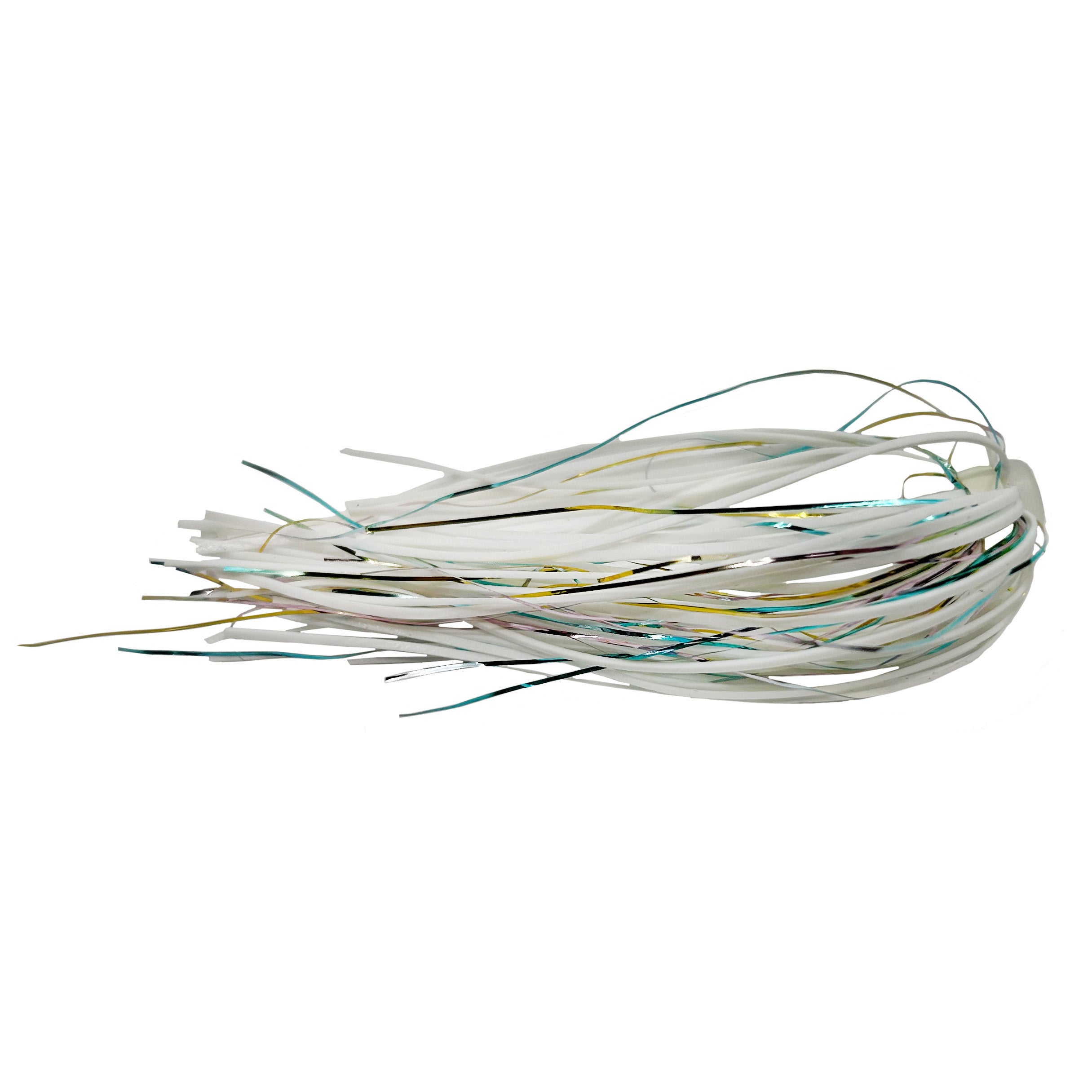 Outkast Tackle Swim Jig Skirts featuring a multi-strand, flexible skirt in white with hints of yellow, teal, and black for enhanced fishing lure movement and attraction.