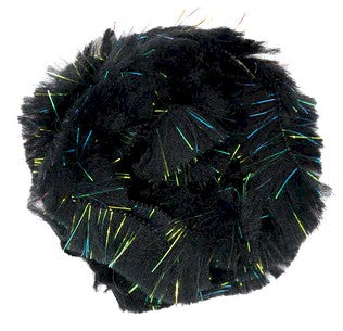 Close-up of black Wapsi CTC Body Fur with iridescent fibers, designed for fly fishing and making custom fishing lures and tackle.