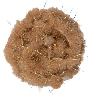 Close-up image of a tan Wapsi CTC Body Fur material used for fly fishing lures, featuring soft fibers with subtle gold tinsel strands for added flash in fishing tackle applications.