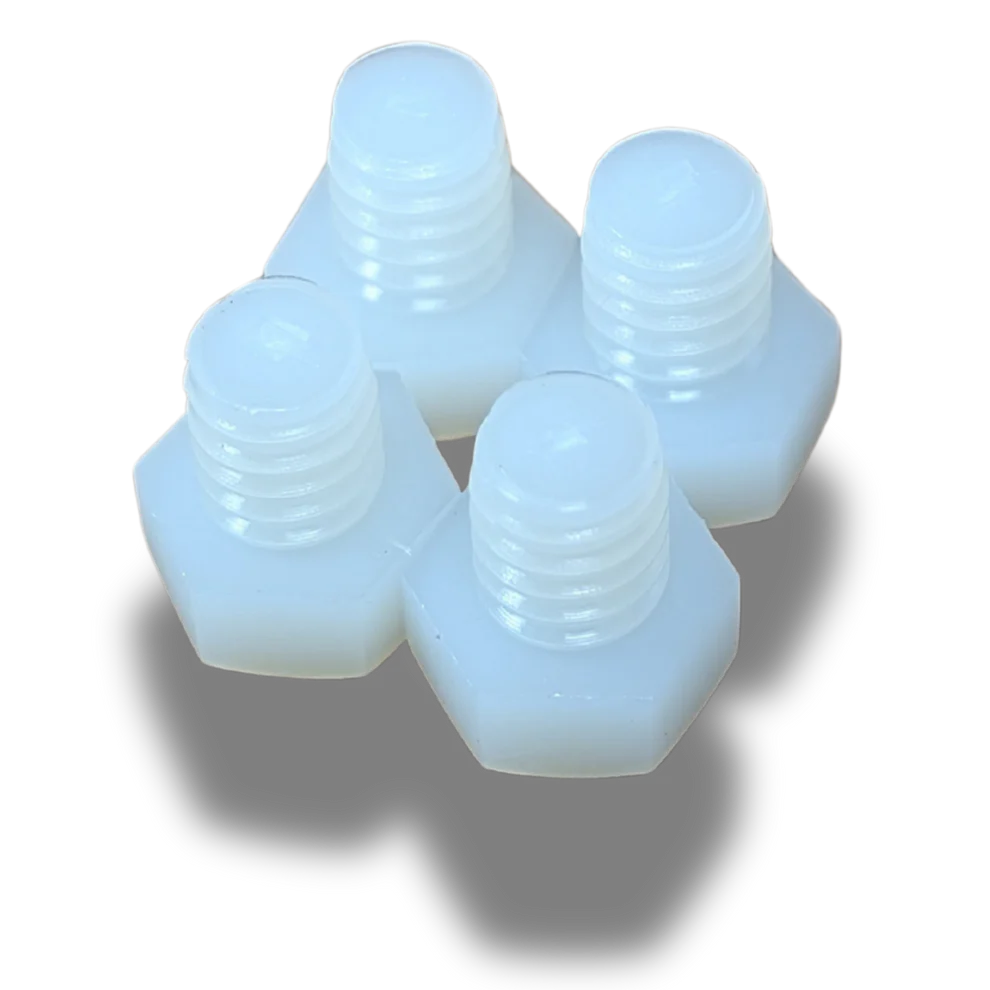 Four white nylon hex screws with threaded shafts, shown close-up on a black background, Cisco Nylon Replacement Screws (4) 3/8" Nylon Hex Screws SKU: XPN42.