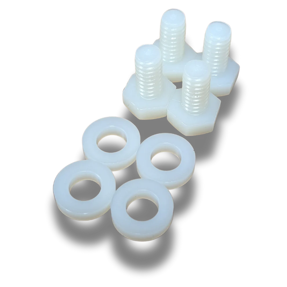 Cisco Nylon Replacement Screws (4) - 1/2" Nylon Hex Heads screws with spacer washers (4) SKU:XPN90, showing white durable nylon screws and washers for fishing tackle assembly.