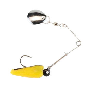Johnson Fishing Lures Beetle Spin Jig with a bright yellow soft body, metal spinner blade, single hook, and wire arm designed for freshwater fishing tackle.
