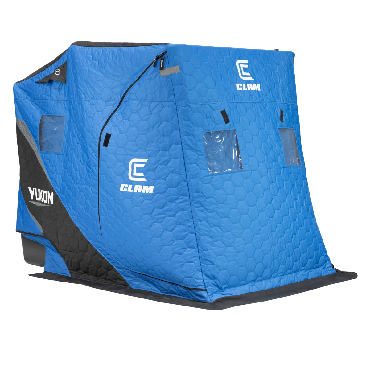 Clam Yukon Thermal blue insulated ice fishing shelter with black trim and clear windows shown against a white background
