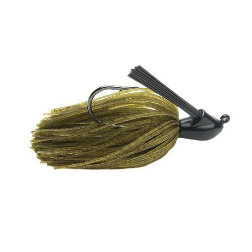 Keitech Model 1 Tungsten Casting Jig with olive green skirt, sharp fishing hook, and black tungsten head designed for effective fishing tackle use.