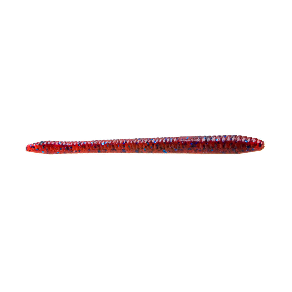 Zoom Finesse Worm in red with blue flecks, soft plastic fishing lure designed for finesse fishing techniques in freshwater environments.