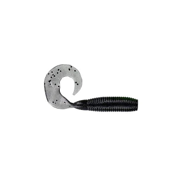 Yamamoto Single Tail Grub fishing lure in smoke black flake color, featuring a ribbed body and curved tail designed for lifelike movement in water.