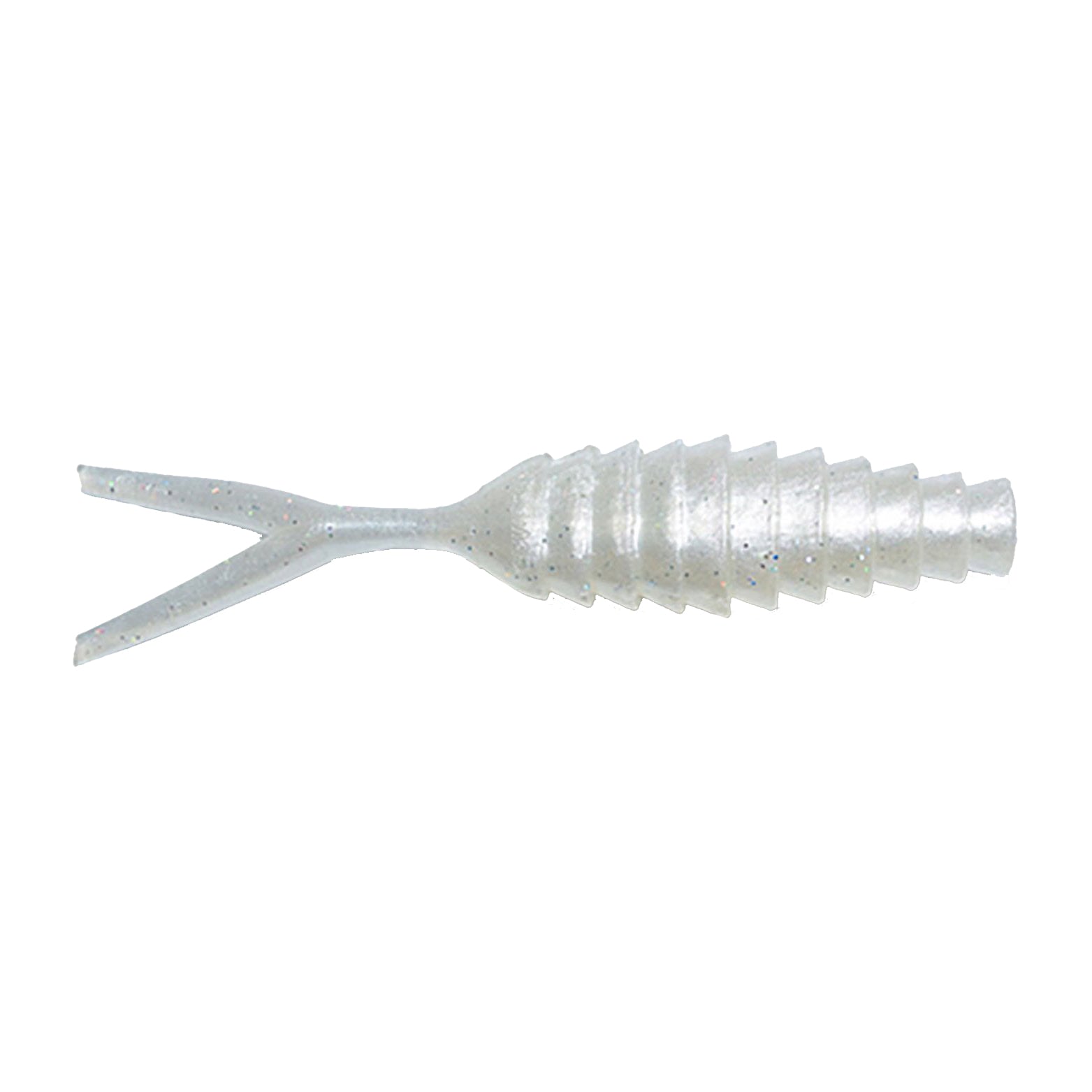 Gambler Lures Komodo Bladed Jig Trailer in pearlescent white with ribbed body and split tail, designed for enhanced movement and attraction in fishing tackle setups.