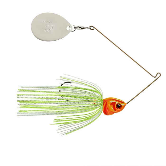 Booyah Covert Single Colorado Spinnerbait with a bright orange head, silver Colorado blade, and green and white skirt designed for effective fishing tackle use.