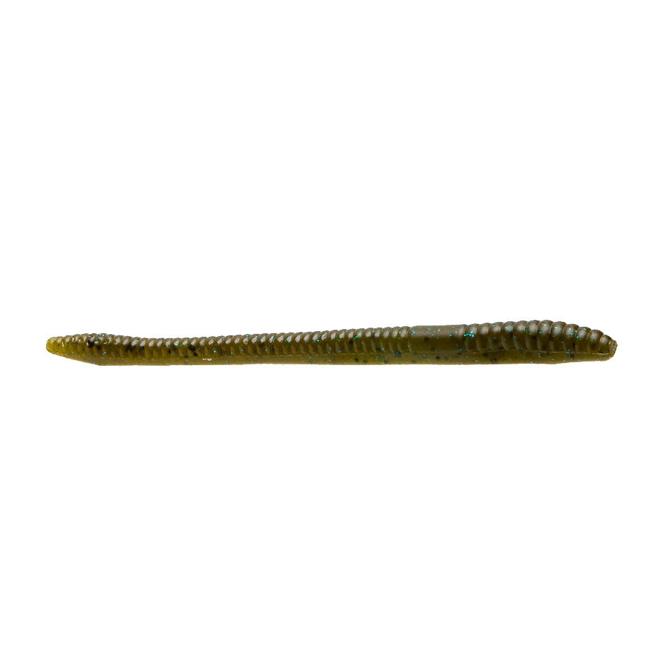 Zoom Finesse Worm fishing lure in olive green with subtle blue flecks, designed for finesse fishing techniques targeting musky and other freshwater species.