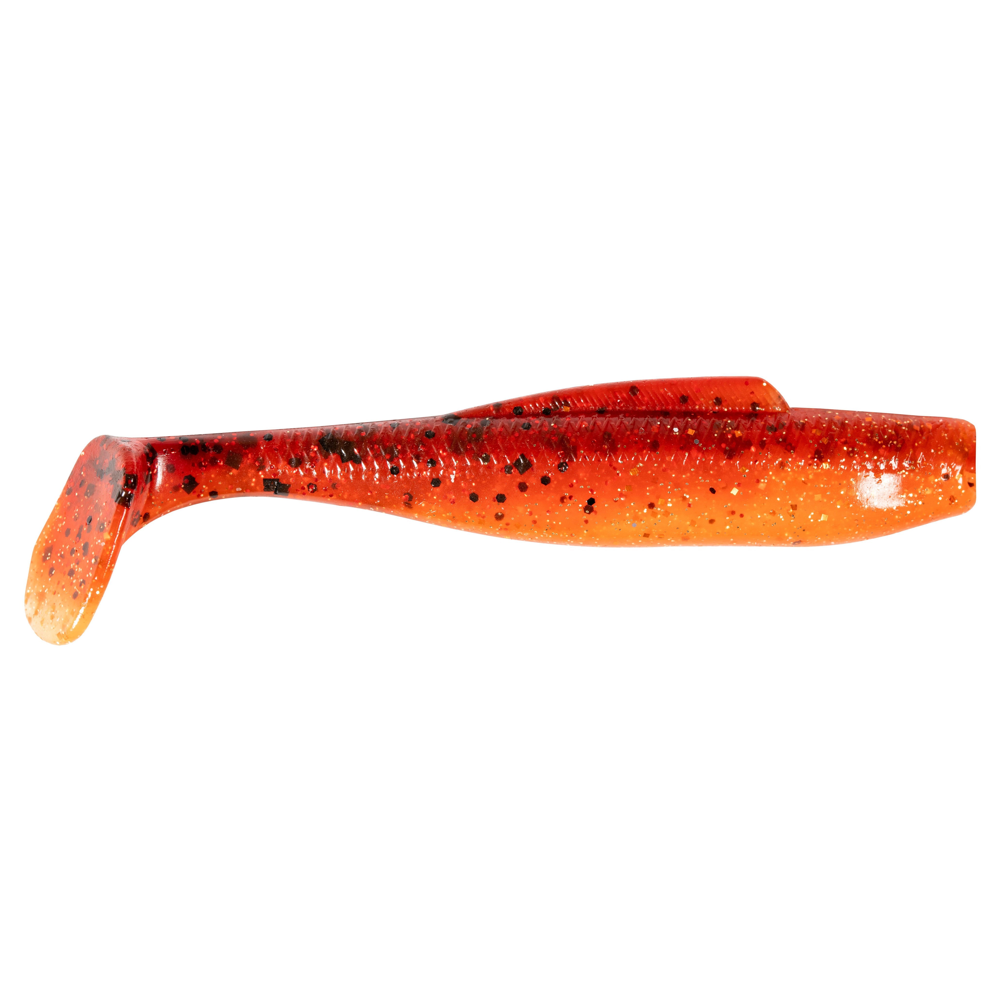 Z-Man DieZel MinnowZ in a bright orange color with black speckles, designed as a soft plastic fishing lure with a paddle tail for lifelike movement in water.