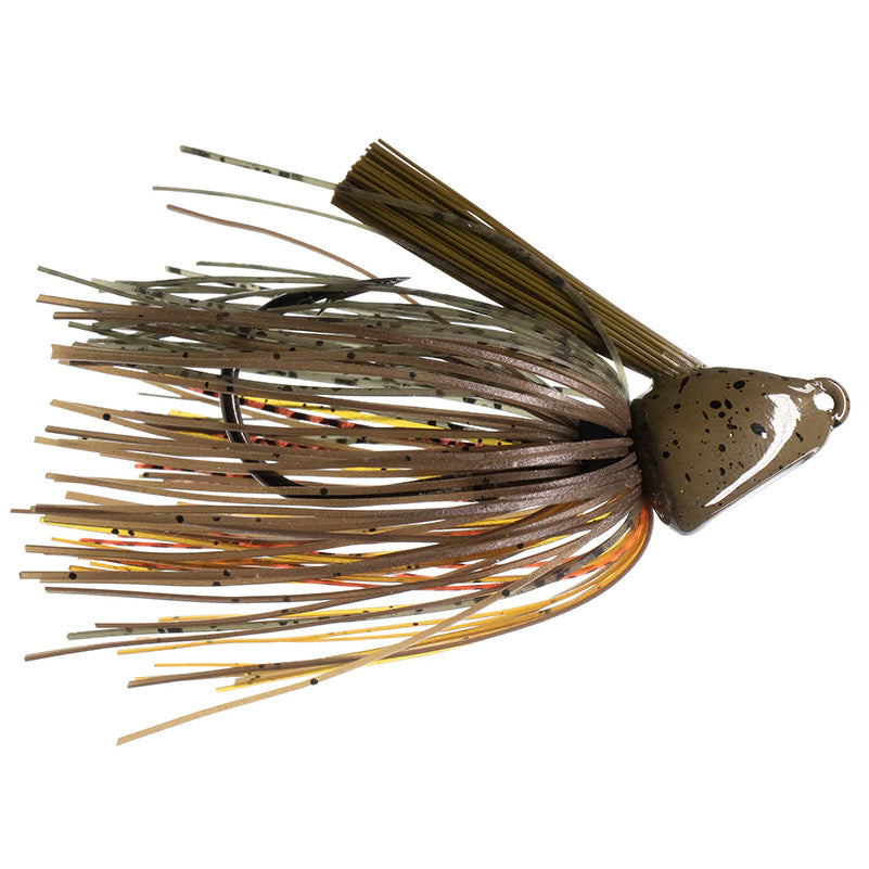 Dirty Jigs No-Jack Punchin' Jig featuring a speckled, heavy head with a weed guard and multi-colored silicone skirt in brown and orange tones, designed for fishing tackle use.