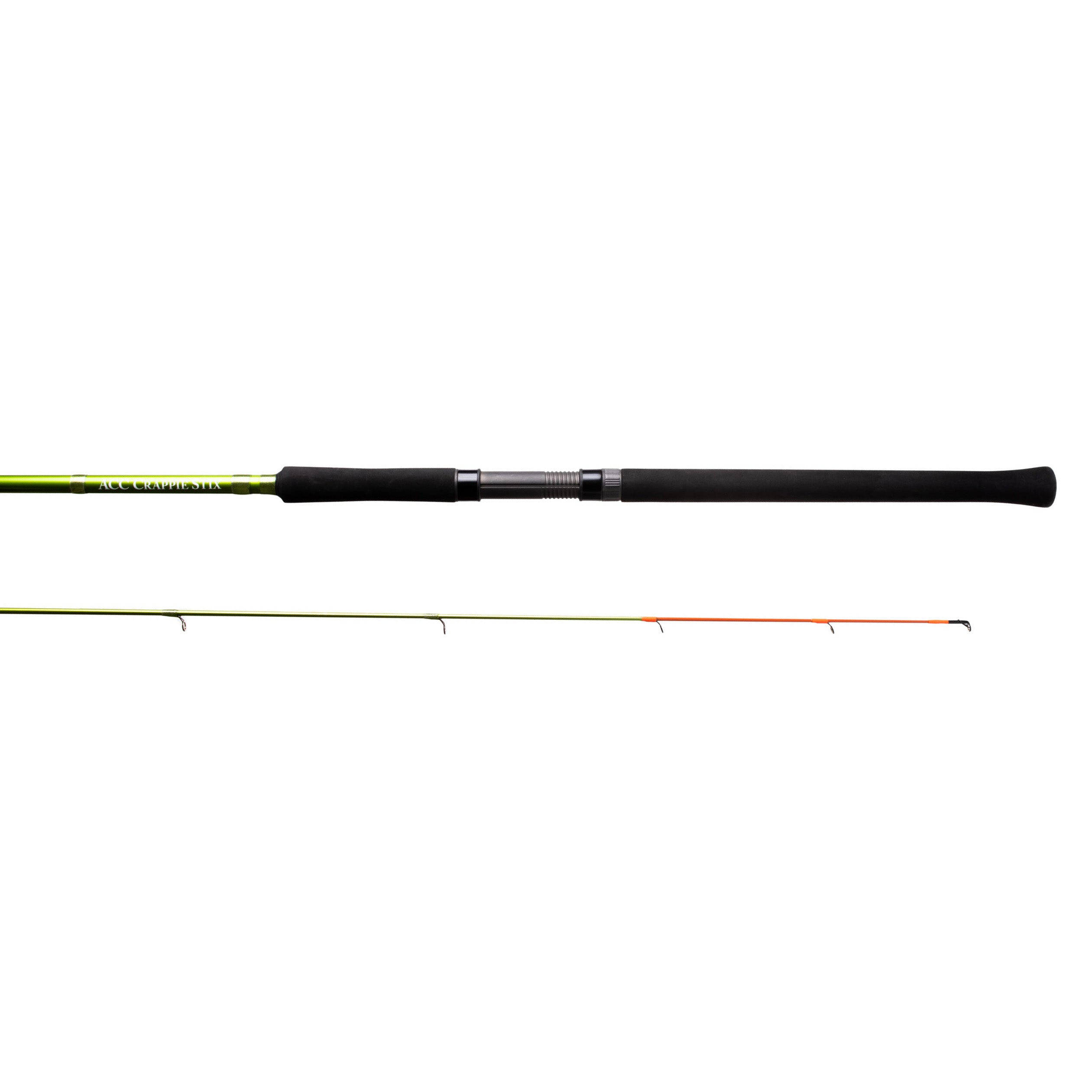 ACC Crappie Stix Green Series Trolling Rods featuring a green lightweight body with black foam grips and stainless steel guides, designed for precision and durability in fishing tackle.