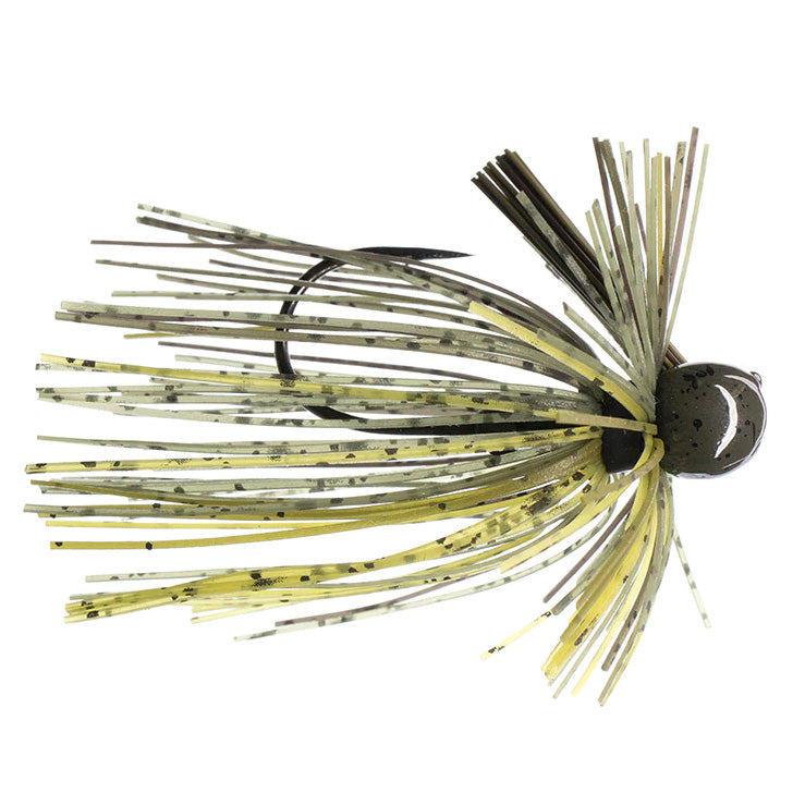 Dirty Jigs Luke Clausen Finesse Jig in a watermelon color scheme, featuring a detailed molded head and flexible silicone skirt strands for effective fishing tackle use.