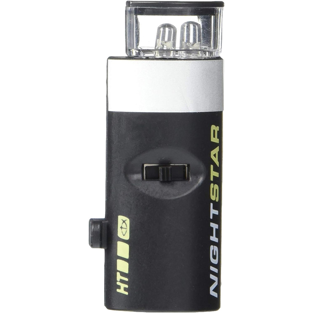 Compact black and silver HT Night Star Tip-Up Strike Light w/ Dual Light System featuring a switch and dual LED lights for enhanced visibility in fishing tackle setups.
