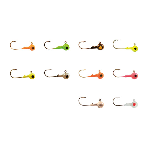 Collection of ten Mission Tackle Single Eye Round Head Jig fishing lures in various bright colors including orange, green, black, yellow, silver, and pink, each featuring a round head with an eye design and sharp hooks.