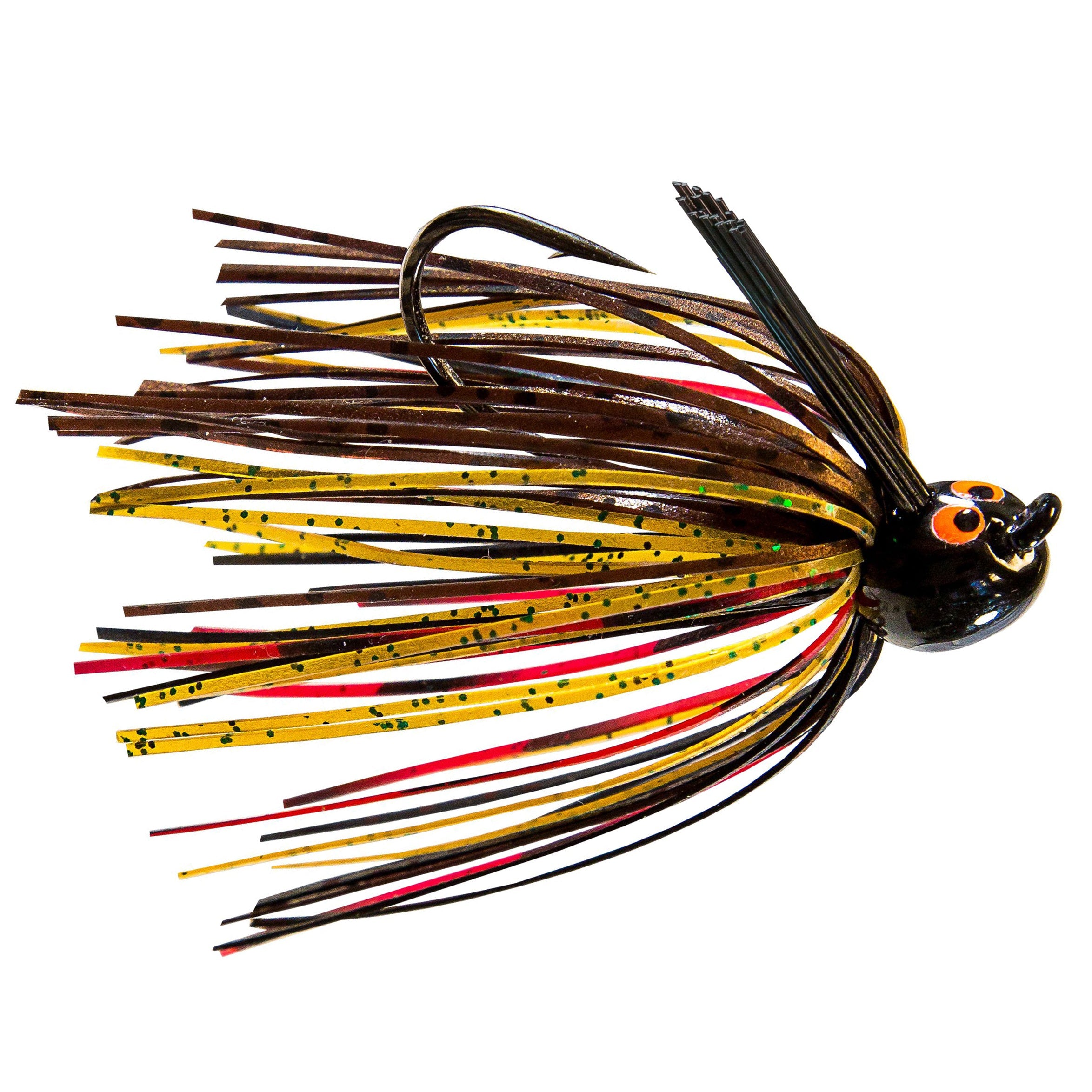 Z-Man CrossEyeZ Power Finesse Jig fishing lure with a weighted black head, lifelike eyes, and multi-colored skirt in shades of yellow, brown, red, and black designed for finesse fishing tackle.