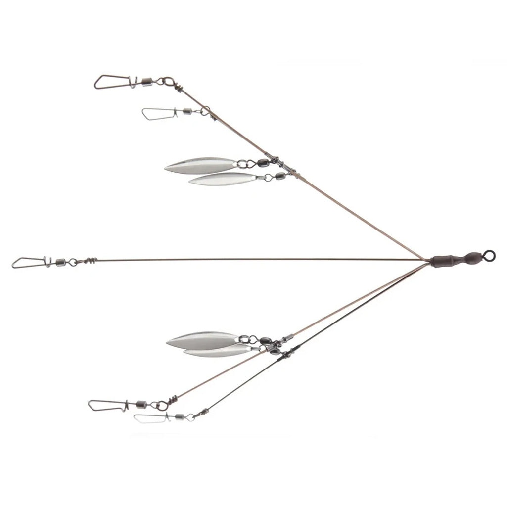 Diamond Baits 5.5" "Super Flex'n" Umbrella Rig fishing tackle with multiple wire arms and silver blades for musky fishing, designed for flexible lure presentation.