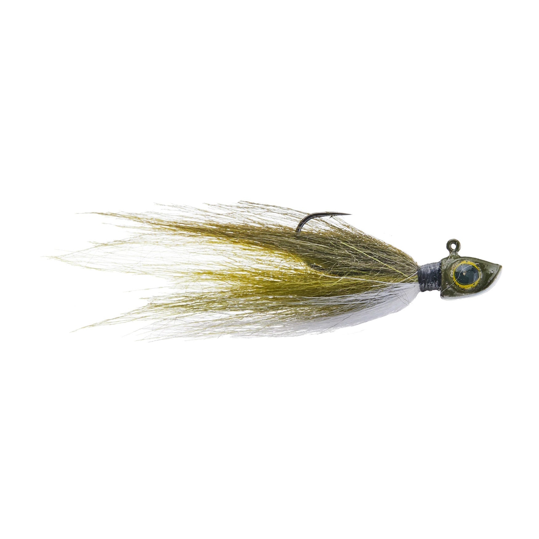 Outkast Tackle Float N Fly Hair Jig featuring a realistic lifelike olive and brown hair design with a detailed fish head, suitable for freshwater fishing tackle.